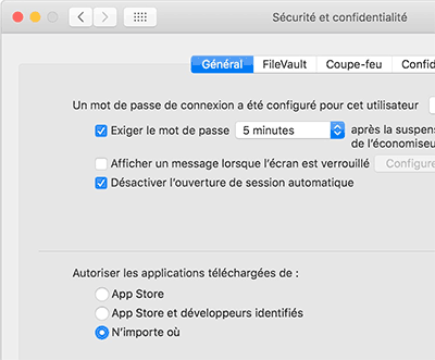 Autoriser l'application dans les préférences